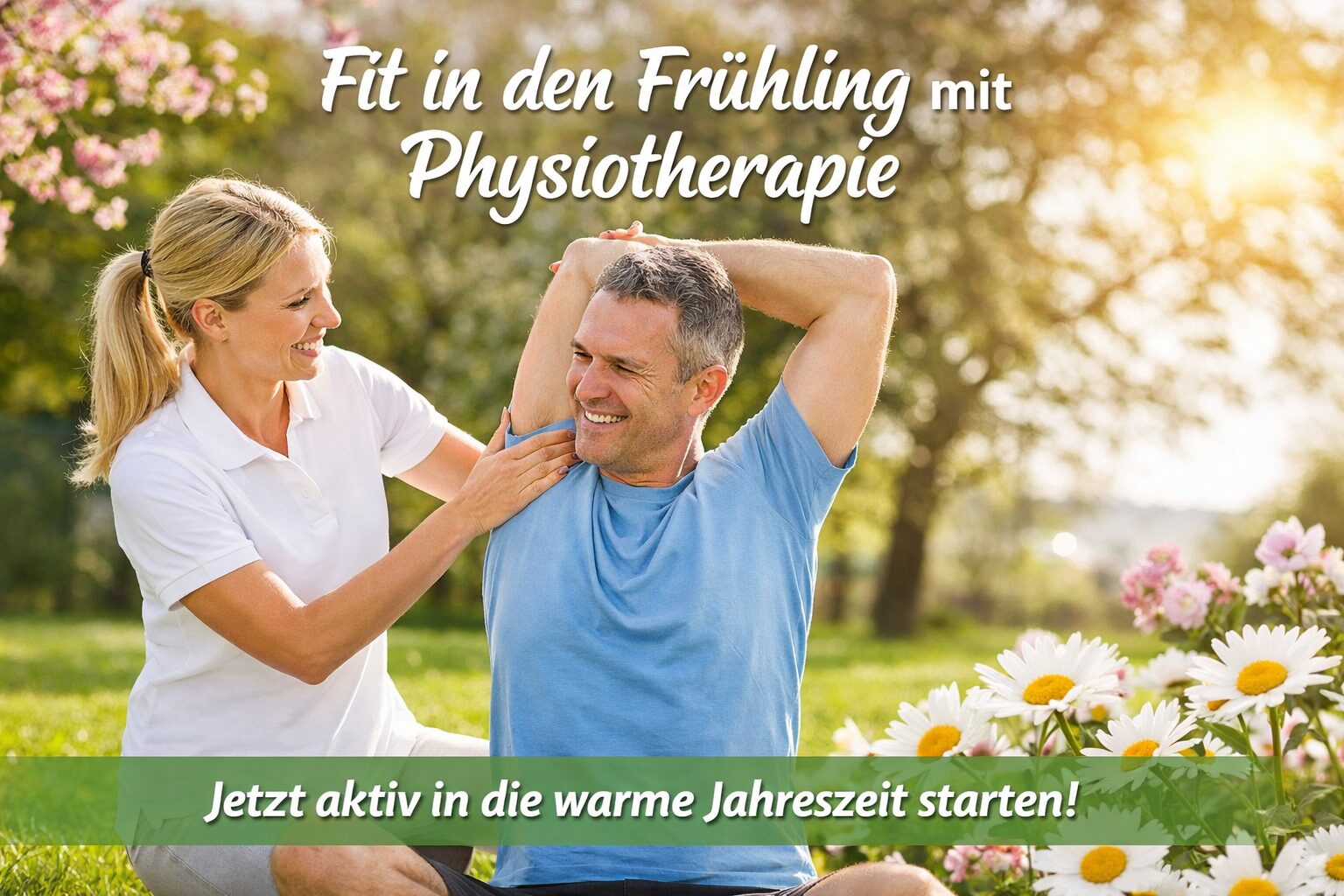 Eine Physiotherapeutin behandelt einen Mann auf einer Wiese